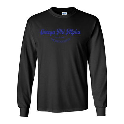 #Omega Phi Alpha Long-Sleeve Shirt, Elegant Print Design