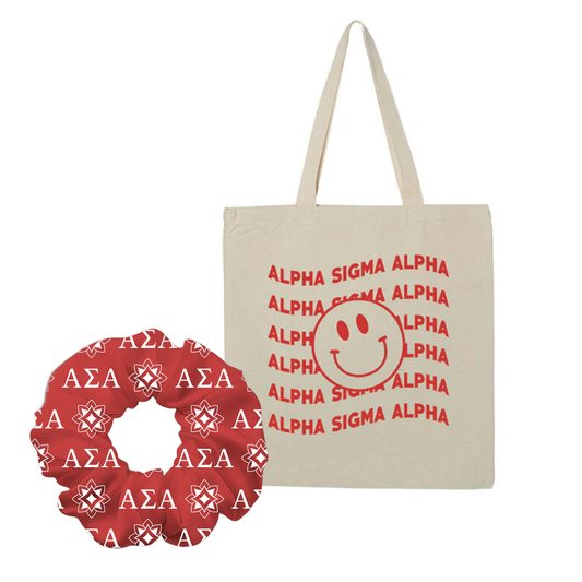 Sorority Hair Scrunchie and Smiley Tote Bag, Recruitment Bundle Package - DTG