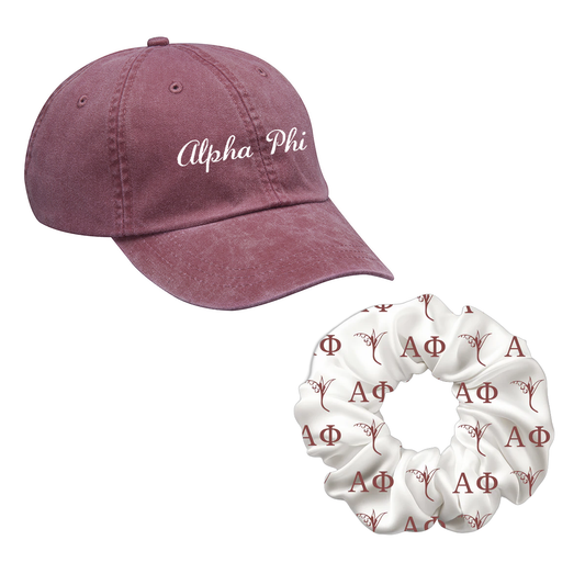 Sorority Hair Scrunchie and Pigment-dyed Hat with Script Text, Recruitment Bundle Package - EMB