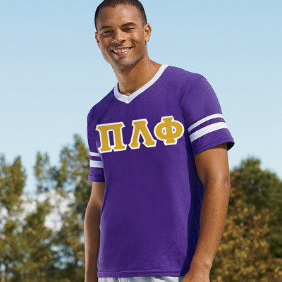 Pi Lambda Phi V-Neck Jersey with Striped Sleeves - 360 - TWILL