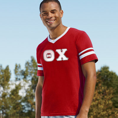 Augusta Sportswear Men's V-Neck Baseball Jersey Tee Striped Sleeves T-Shirt  360