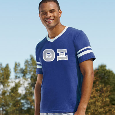 Theta Xi V-Neck Jersey with Striped Sleeves - 360 - TWILL