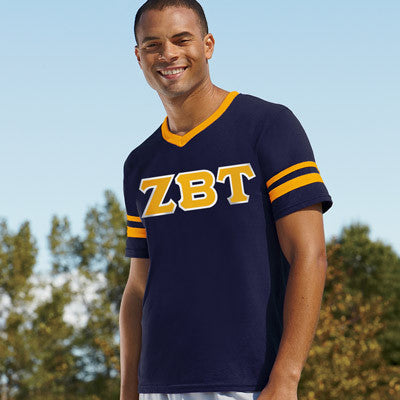 Zeta Beta Tau V-Neck Jersey with Striped Sleeves - 360 - TWILL